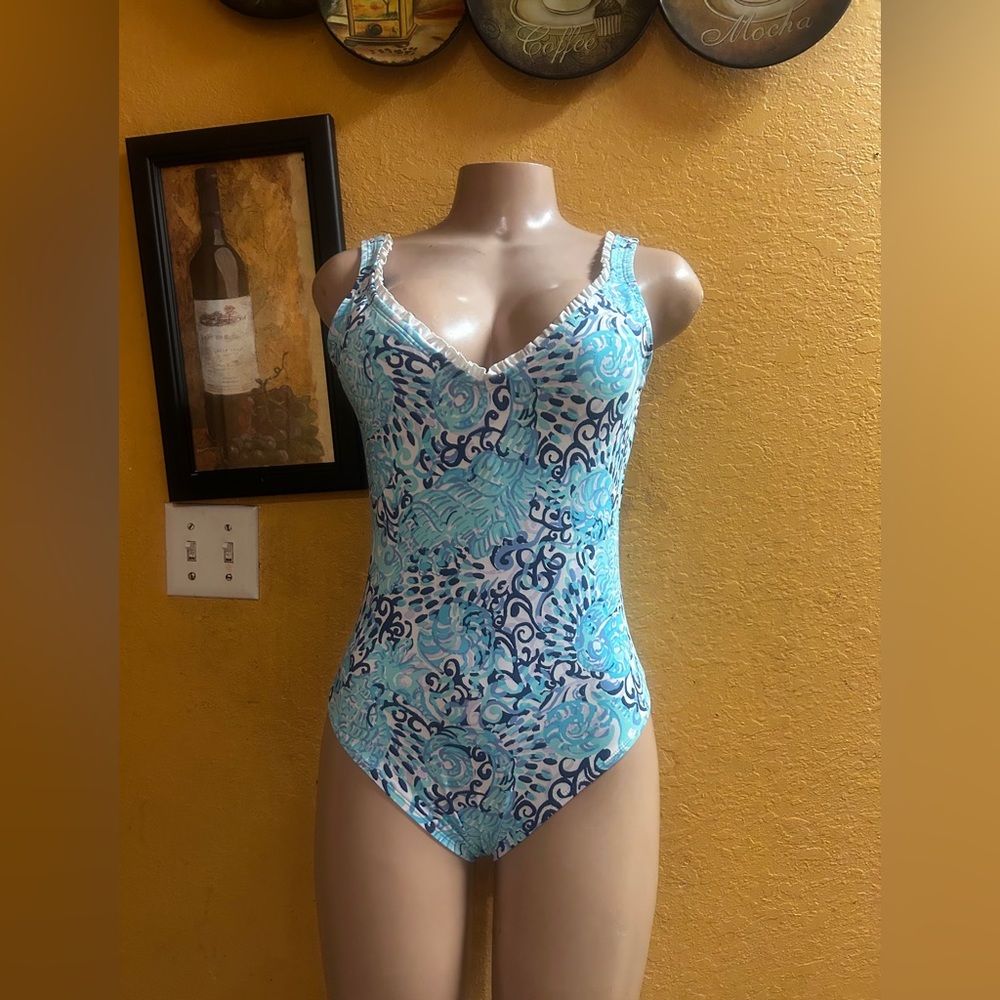 Lilly Pulitzer Blue and White Swirl Pattern Swimsuit